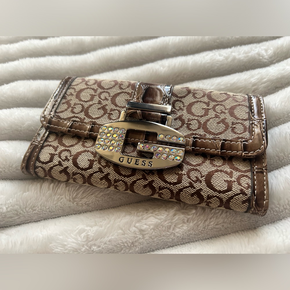 Vintage Y2K GUESS Brown Monogram Rhinestone Tri Fold Wallet Rare